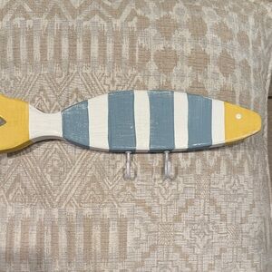 Handmade Wood Striped Fish Wall Key Hook Decor